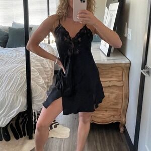 Vintage 90s Frederick's of Hollywood Black Satin Lace‎ Slip Dress Size Large
